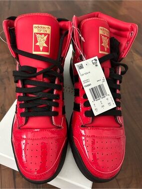 adidas Red and Black High-Top Patent Sneakers